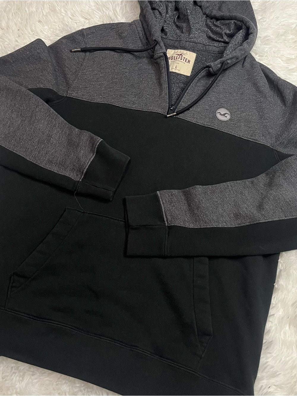 Hollister Men’s Charcoal Gray and Black Zip-Neck Hoodie Sweater